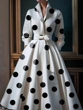 Polka Dot Lace Patchwork Belt Pocket Midi Dress
